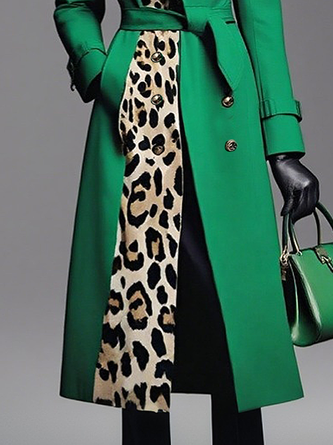 Urban Split Joint Leopard Lapel Collar Coat With Belt