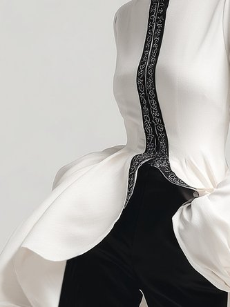 Cotton Urban Color Block Split Joint Stand Collar Bell Sleeve Blouse