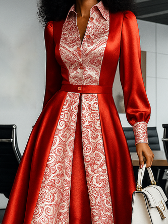 Elegant Color Block Printing Shirt Collar Midi Dress