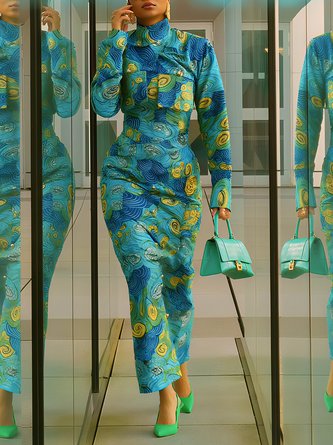 Elegant Random Print Printing Mock Neck Maxi Dress