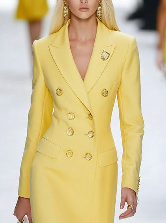 Urban Plain Buttoned Lapel Collar Knee Length Dress