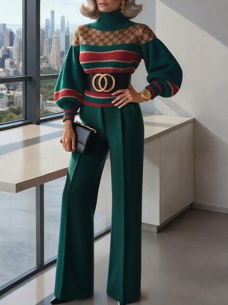 Urban Striped Turtleneck Puff Sleeve Sweater No Belt