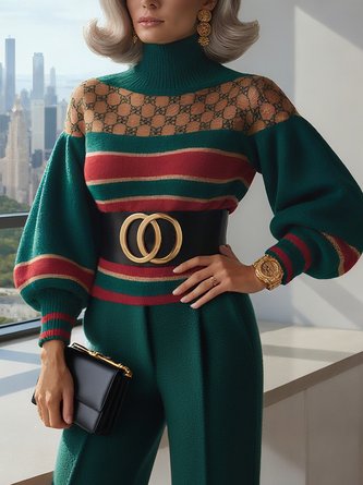 Urban Striped Turtleneck Puff Sleeve Sweater No Belt