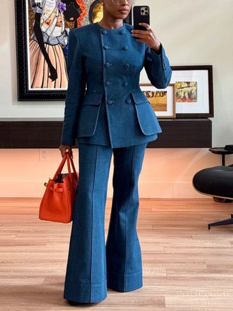 Casual Denim Buttoned Plain Crew Neck Jacket