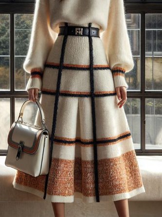 Casual Plaid Sweater Midi Skirt