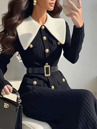 Elegant Color Block Shawl Collar Sweater Midi Dress With Belt