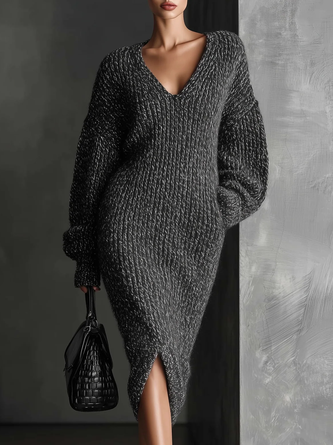Urban Plain V Neck Sweater Midi Dress
