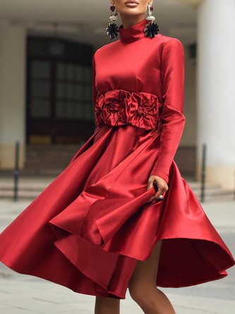 Elegant Plain 3D Floral Stand Collar Knee Length Dress With Belt