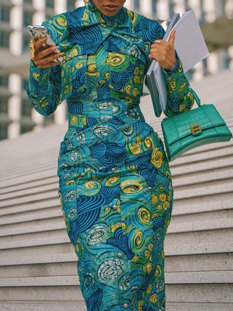 Elegant Random Print Printing Mock Neck Maxi Dress