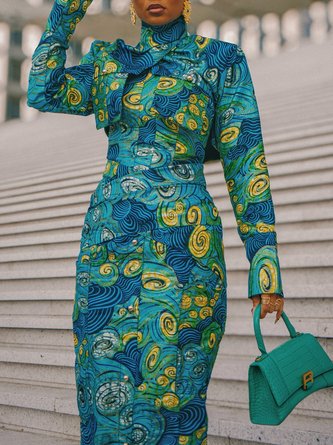 Elegant Random Print Printing Mock Neck Maxi Dress