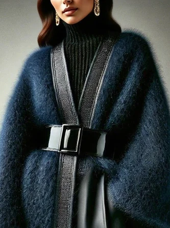 Yarn/Wool Yarn Urban Color Block Split Joint Cross Neck Sweater Cardigan No Belt