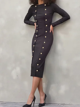 Elegant Plain Crew Neck Midi Dress
