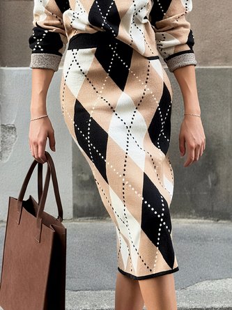 Casual Plaid Midi Sweater Skirt