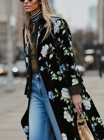 Casual Printing Floral Lapel Collar Trench Coat