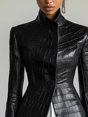 Urban Buttoned Textured Croc-Effect Faux Leather Coat