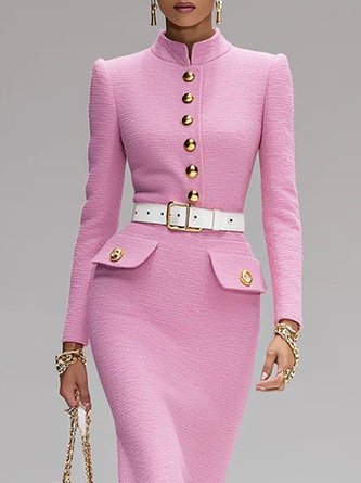 Elegant Plain Tweed Buttoned Stand Collar Midi Dress No Belt