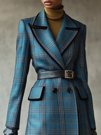Urban Printing Plaid Lapel Collar Trench Coat No Belt