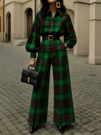 Urban Plaid Printing Wide Leg Pants With Belt