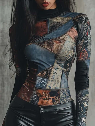 Urban Abstract Printing Stand Collar T-shirt