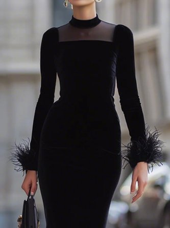 Elegant Plain Velvet Feather-trimmed Stand Collar Midi Dress