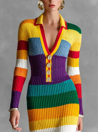 Urban Color Block Buttoned Sweater Midi Dress