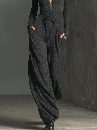 Casual Zipper Plain Mock Neck Pockets Jumpsuit