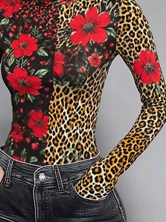 Urban Leopard Printing Turtleneck T-shirt