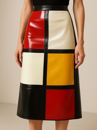 Urban Color Block Midi Faux Leather Skirt