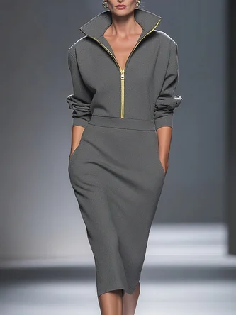 Casual Plain Zipper Shawl Collar Midi Dress