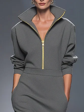 Casual Plain Zipper Shawl Collar Midi Dress