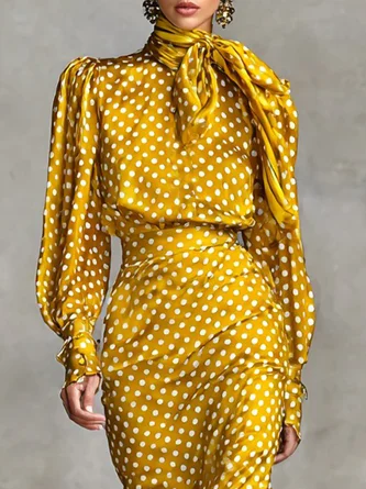 Elegant Polka Dots Printing Lace-up Crew Neck Blouse