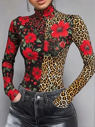 Urban Leopard Printing Turtleneck T-shirt