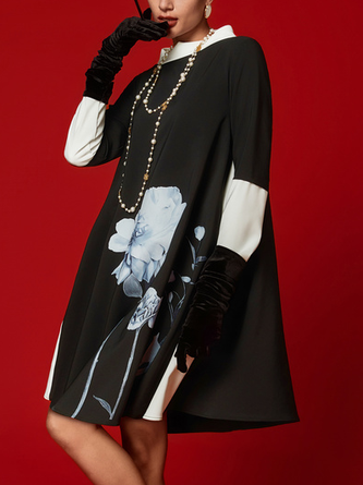 Urban Floral Printing Crew Neck Knee Length Dress