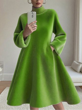 Casual Plain Turtleneck Knee Length Dress With Bow Brooch