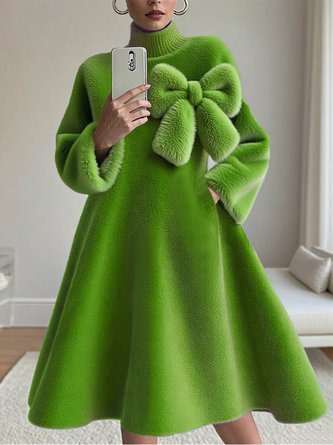 Casual Plain Turtleneck Knee Length Dress With Bow Brooch