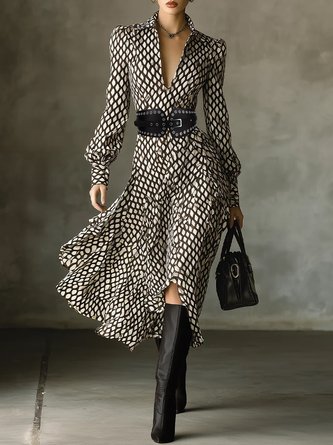 Urban Plaid Balloon Midi Dress With Belt