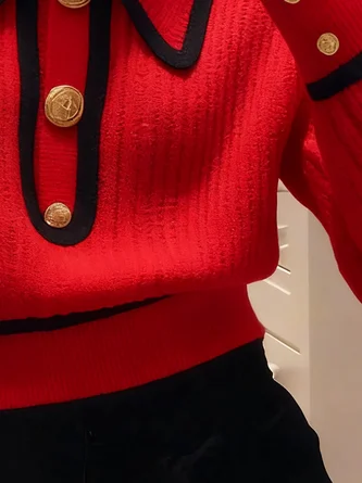 Elegant Color Block Buttoned Shawl Collar Sweater