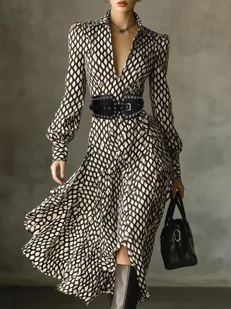 Urban Plaid Balloon Midi Dress With Belt