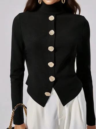 Jersey Urban Plain Buttoned Turtleneck T-shirt