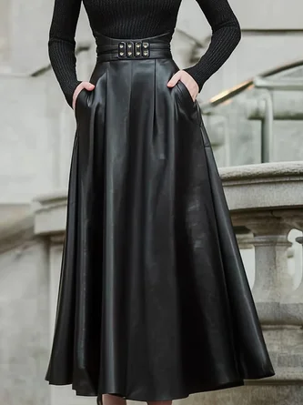 Urban Buttoned Plain Maxi Faux Leather Skirt