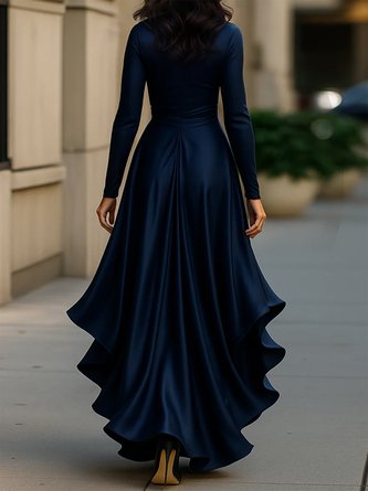 Elegant Plain Satin Peplum Cross Neck Maxi Dress With Belt