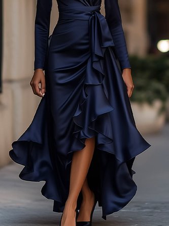 Elegant Plain Satin Peplum Cross Neck Maxi Dress With Belt