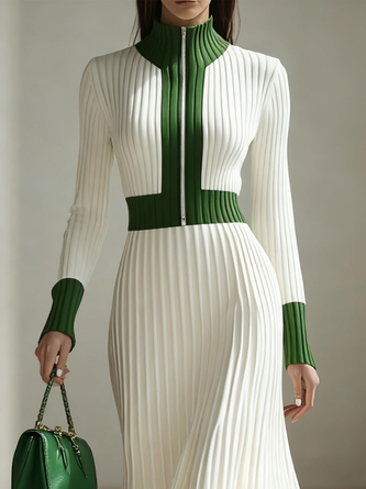 Elegant Color Block Mock Neck Maxi Dress