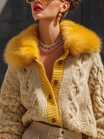 Urban Color Block Buttoned Fur Collar Cardigan