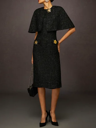Elegant Tweed Crew Neck Midi Dress with Decorative Buttons