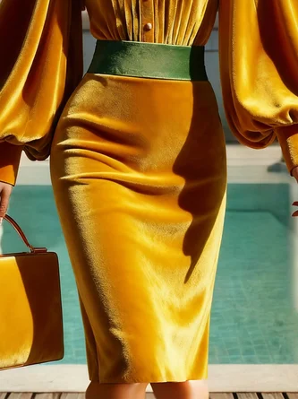 Casual Color Block Knee Length Sweater Skirt