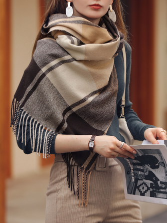 Plaid shawl thickened tassel neck scarf