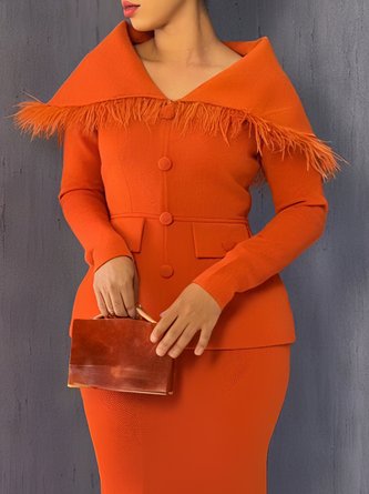 Urban Feather-trimmed Plain V Neck Jacket