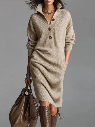 Urban Cozy Buttoned Shawl Collar Sweater Midi Dress