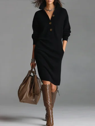 Urban Cozy Buttoned Shawl Collar Sweater Midi Dress